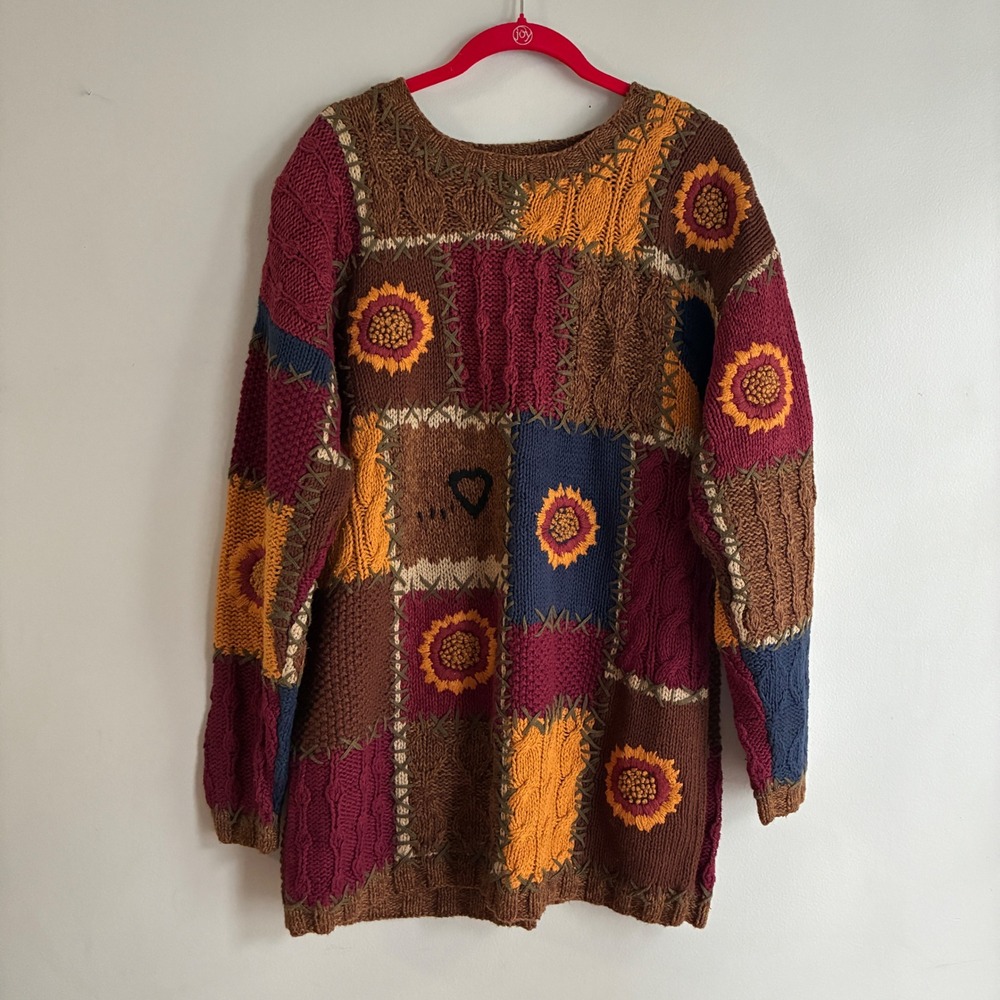 Vintage 90s Express Tricot Patchwork Sweater Women Small Sunflower Knit Boho